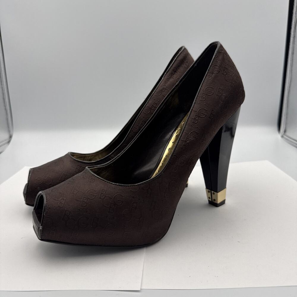 BCBG Girls Brown Logo Fabric Open Toe High Heels Size 10 #48